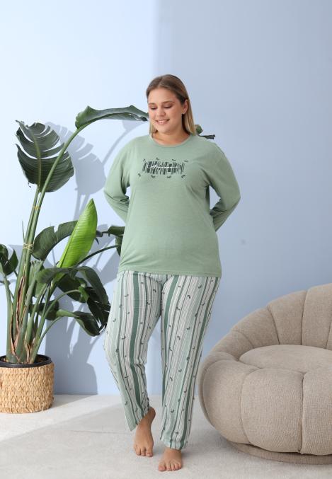 Pijama Dama ,Big Size ,''Awrsome " cu Pantloni si Maneca lunga, Culoare Verde,Engros